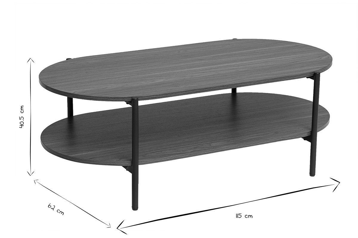Tavolino ovale BRUNA in legno scuro e metallo, dimensioni L115 x H40,5 x P62 cm, vista angolare, nero e bianco.