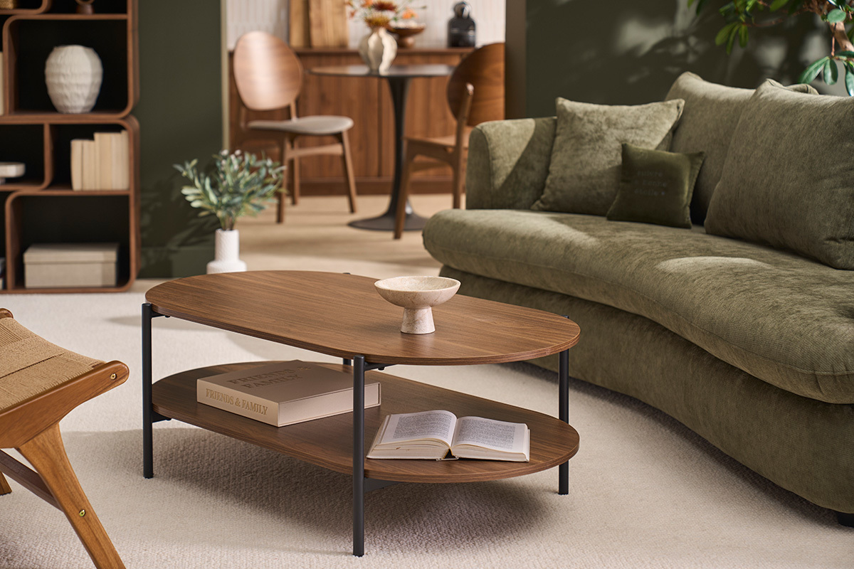 Tavolino basso ovale finitura legno scuro noce e metallo L115 cm BRUNA