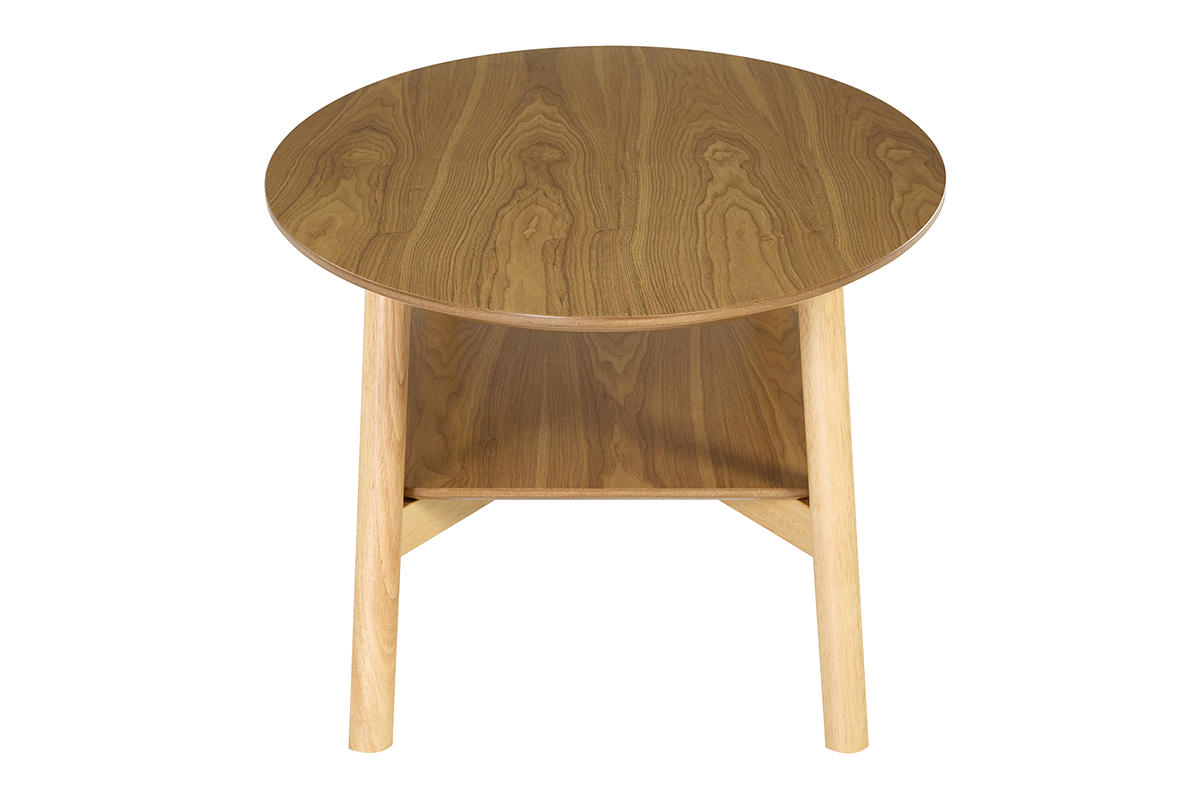 Tavolino basso ovale in legno chiaro, vista di profilo