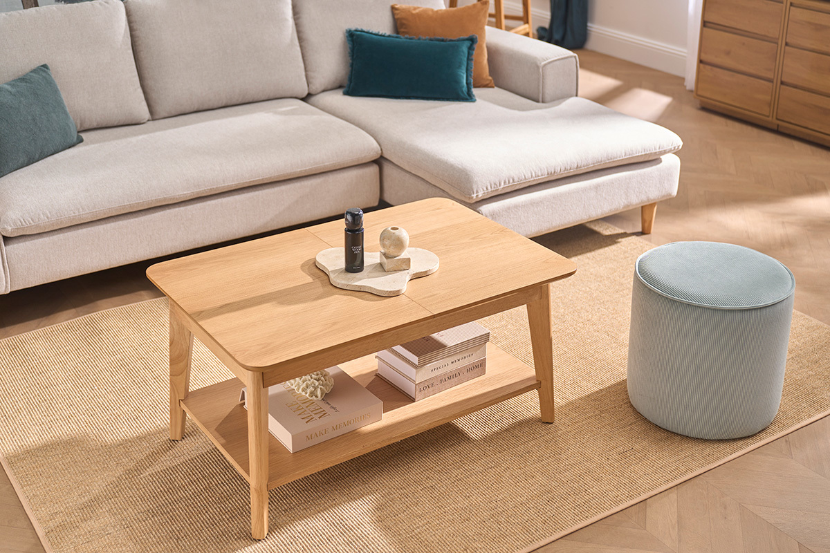 Tavolino basso rettangolare allungabile in legno chiaro L90-120 cm VILI