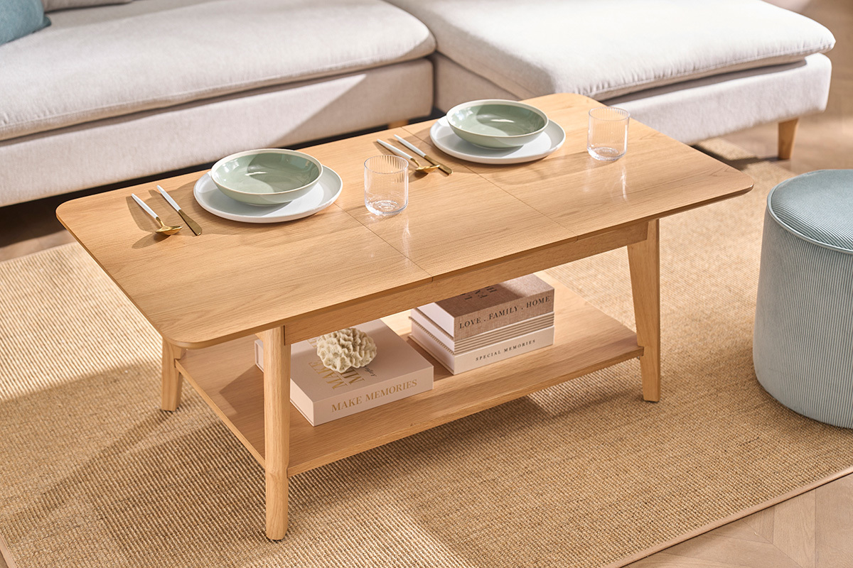Tavolino basso rettangolare allungabile in legno chiaro L90-120 cm VILI