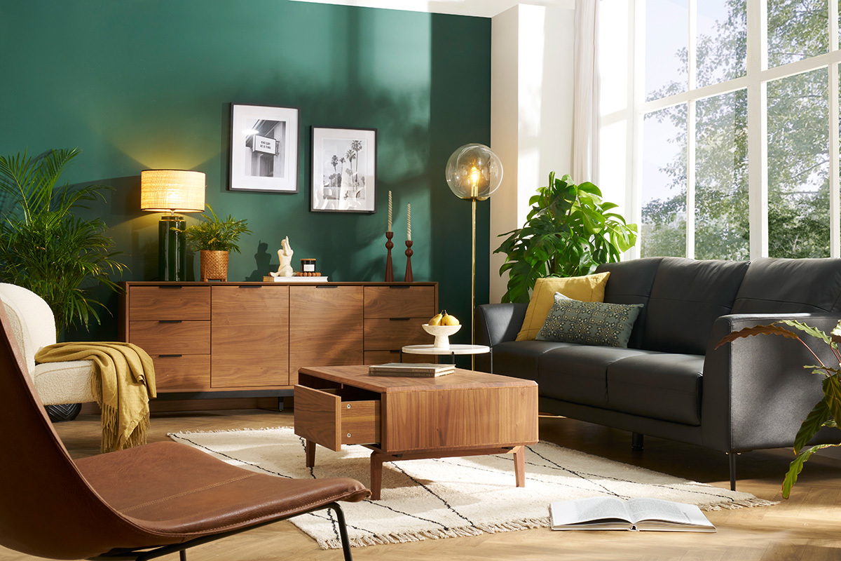 Tavolino basso rettangolare con ripostigli in legno scuro noce L100 cm SUVA