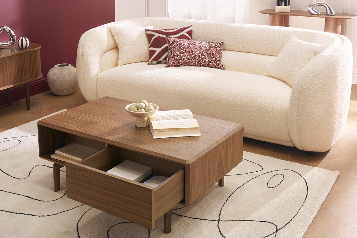 Tavolino basso rettangolare con ripostigli in legno scuro noce L100 cm SUVA