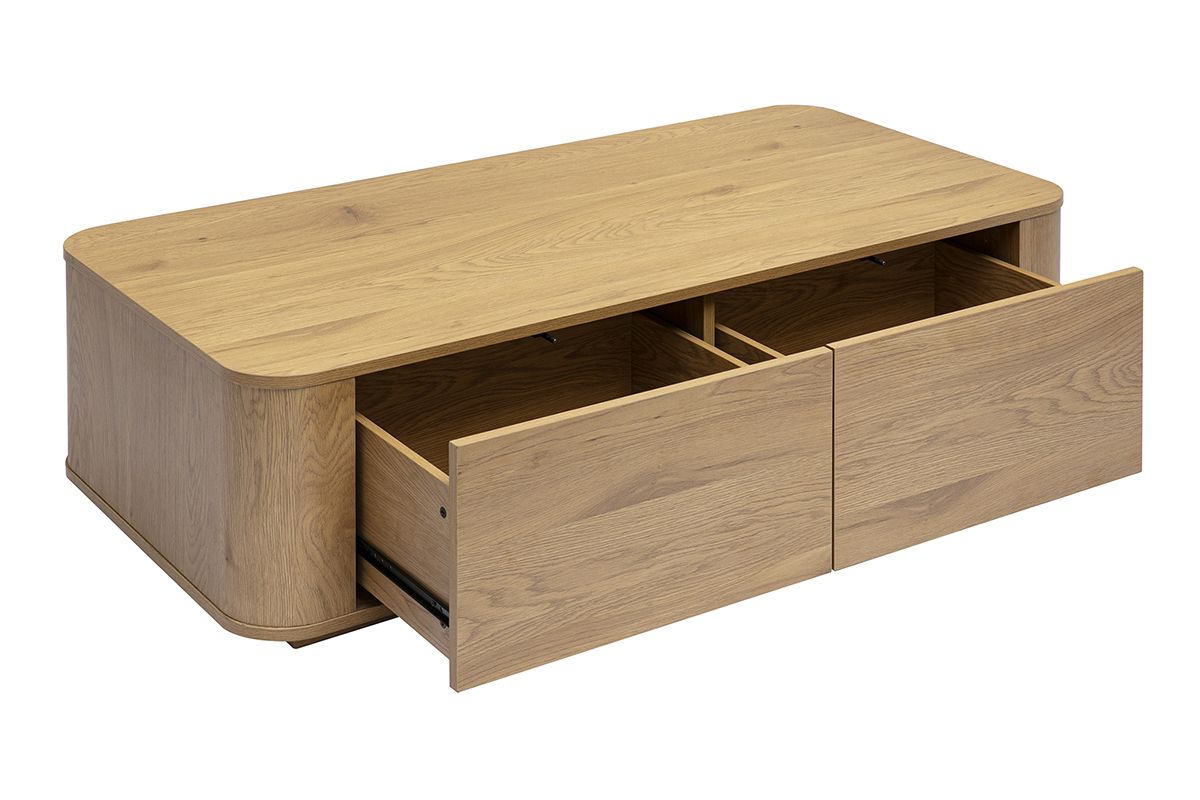 Tavolino rettangolare in legno chiaro di rovere con 2 cassetti aperti, vista in prospettiva 3/4