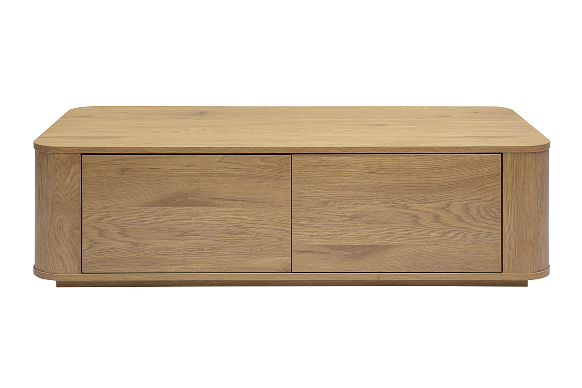 Tavolino rettangolare in legno chiaro di rovere con 2 cassetti, vista frontale.