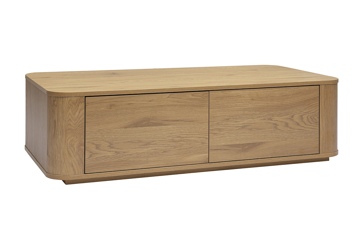 Tavolino rettangolare in legno chiaro di rovere con 2 cassetti, vista da 3/4