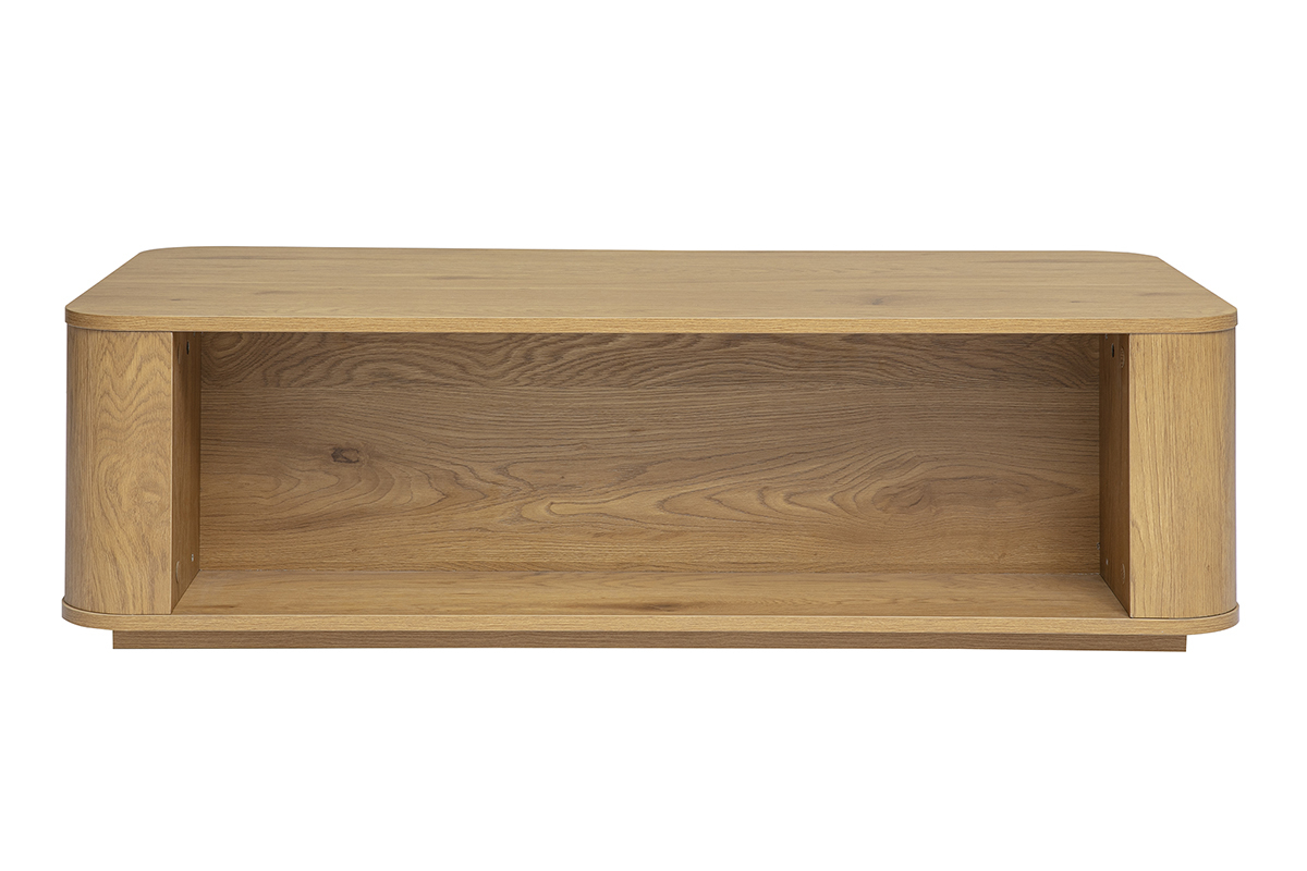 Tavolino basso rettangolare con vano portaoggetti, 2 cassetti, finitura in legno chiaro di rovere, vista posteriore.