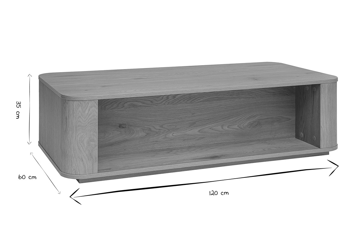 Tavolino rettangolare con contenitore, dimensioni: L120 cm, L60 cm, H35 cm, in nero e bianco.