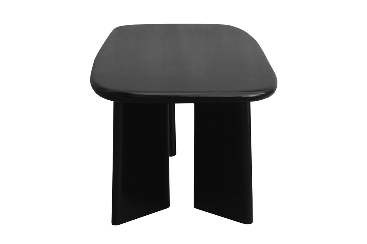 Tavolino basso rettangolare in legno massello di mango tinto nero, vista laterale, piano con bordi arrotondati.