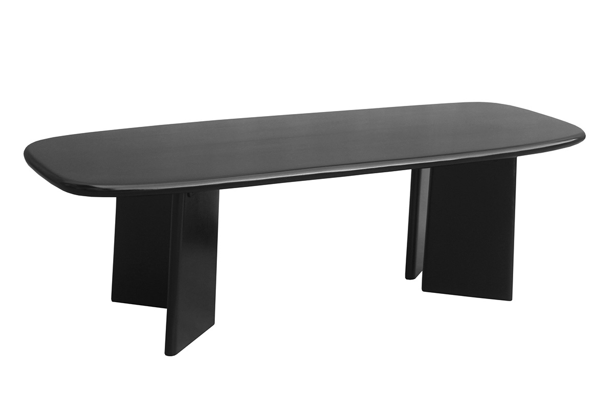 Tavolino basso rettangolare in legno massiccio di mango tinto nero, vista a 3/4.