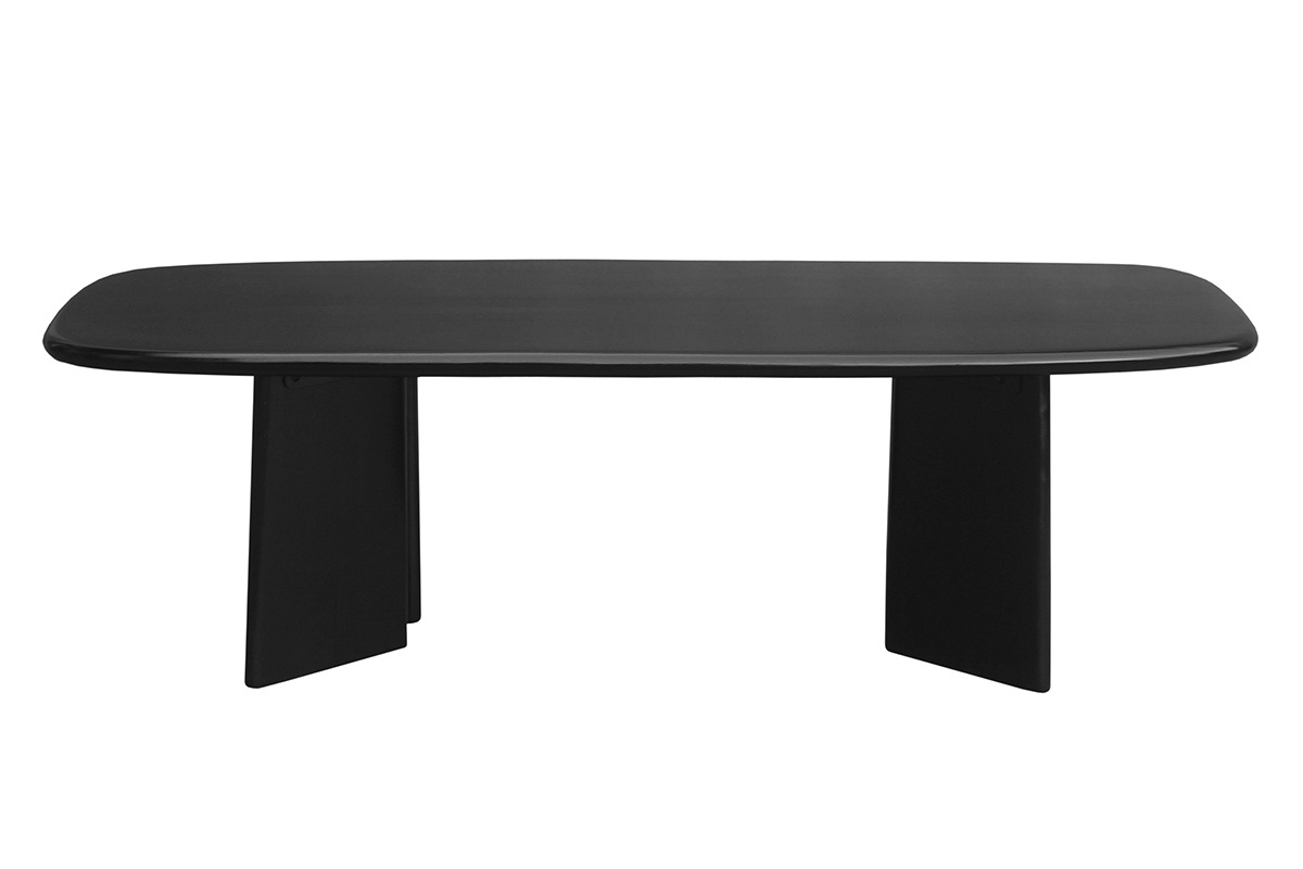 Tavolino basso rettangolare in legno massello di mango tinto nero, vista frontale, piano con bordi arrotondati.