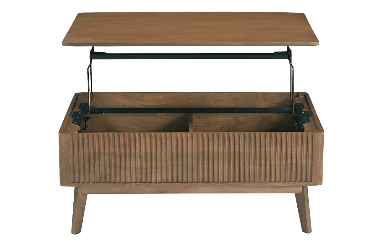 Tavolino basso rettangolare sollevabile in legno di mango massello scuro, vista frontale, con piano aperto.