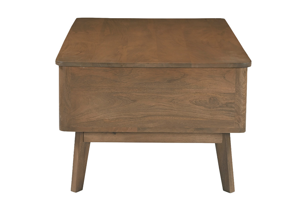 Vista laterale del tavolino basso rettangolare sollevabile in legno di mango scuro, dimensioni L100 cm.