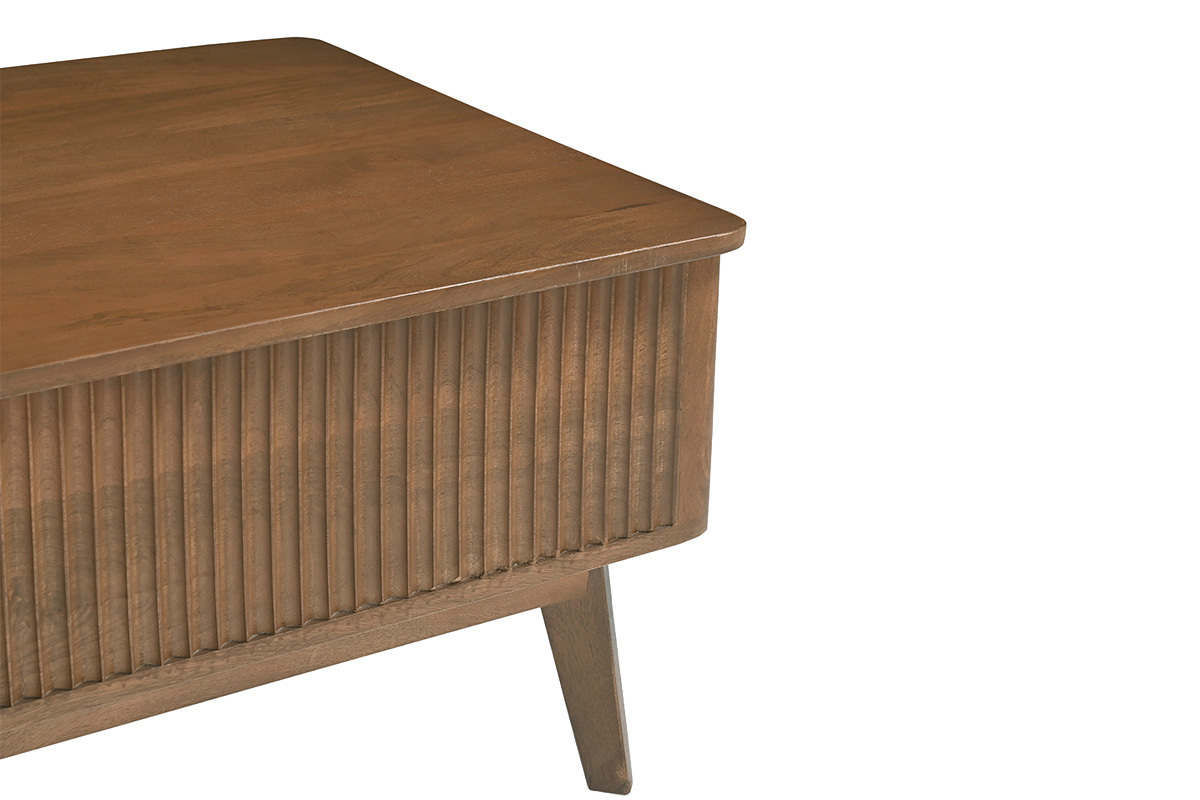 Tavolino basso rettangolare sollevabile in legno scuro con design contemporaneo, vista laterale.
