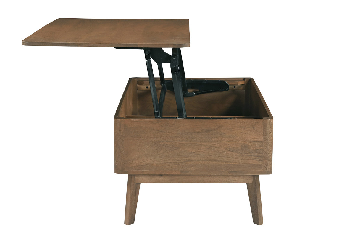 Tavolino basso rettangolare rialzabile in legno massiccio di mango, vista laterale, con piano in posizione sollevata.