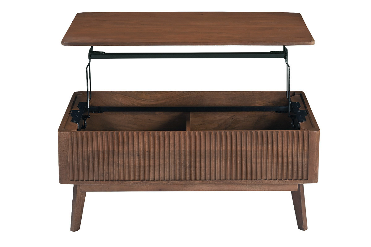 Tavolino da caff� rettangolare sollevabile in legno massello di mango, vista frontale con il piano aperto.