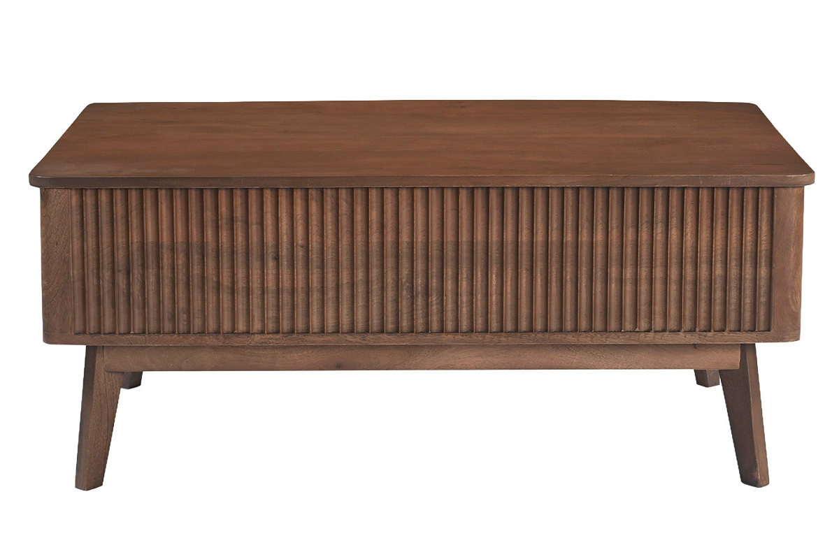 Tavolino basso rettangolare sollevabile in legno scuro con design in rilievo, vista frontale