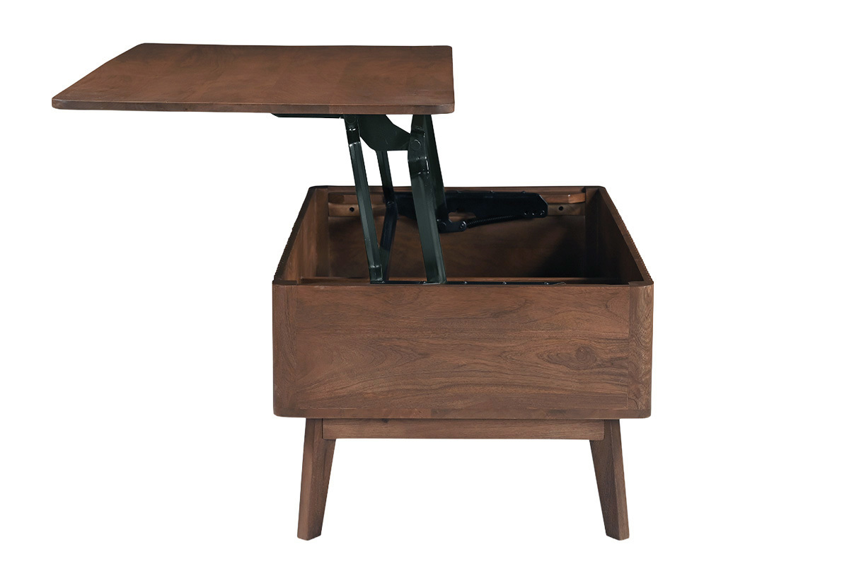 Tavolino basso rettangolare sollevabile in legno scuro, vista laterale con piano aperto.