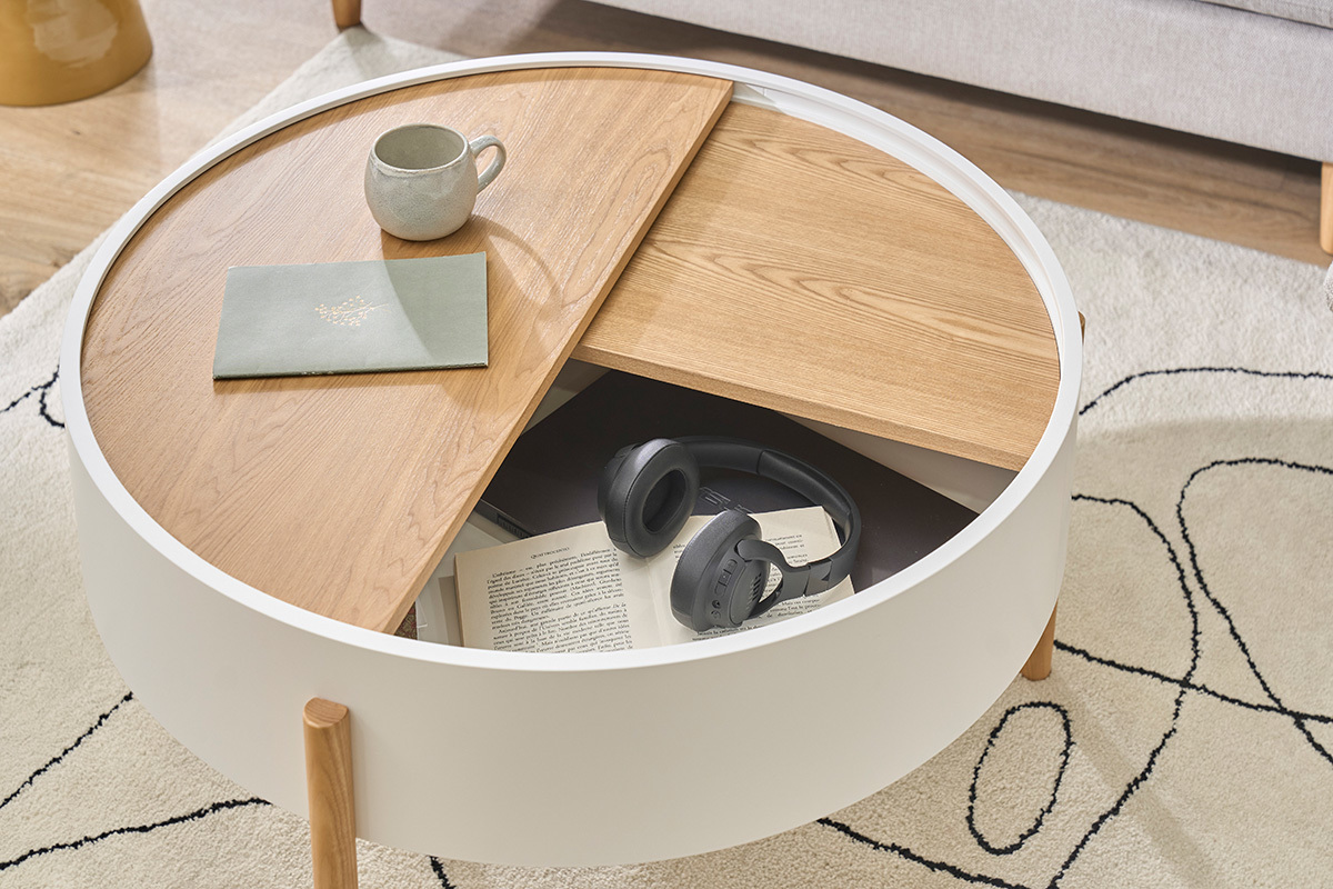 Tavolino basso rotondo bianco e legno chiaro frassino con piano rotante e ripostiglio D80 cm YOLINE