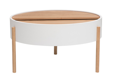 Tavolino basso rotondo bianco e legno chiaro frassino con piano rotante e ripostiglio D80 cm YOLINE