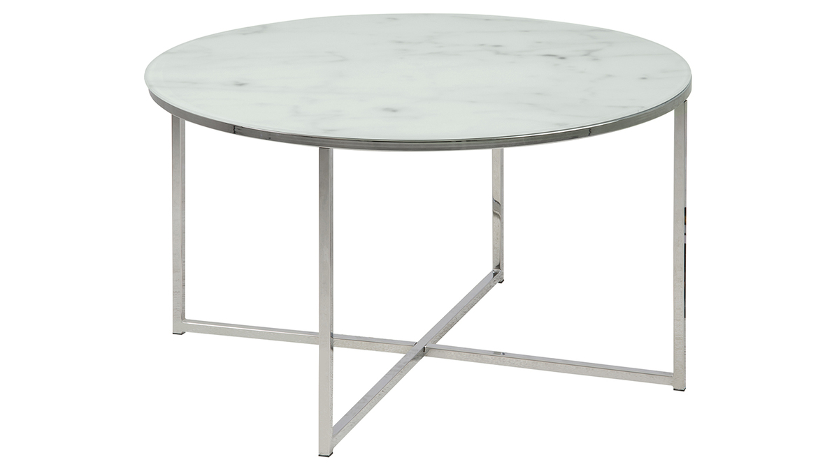 Tavolino basso rotondo effetto marmo bianco e piedi in metallo 80 cm ALCINO