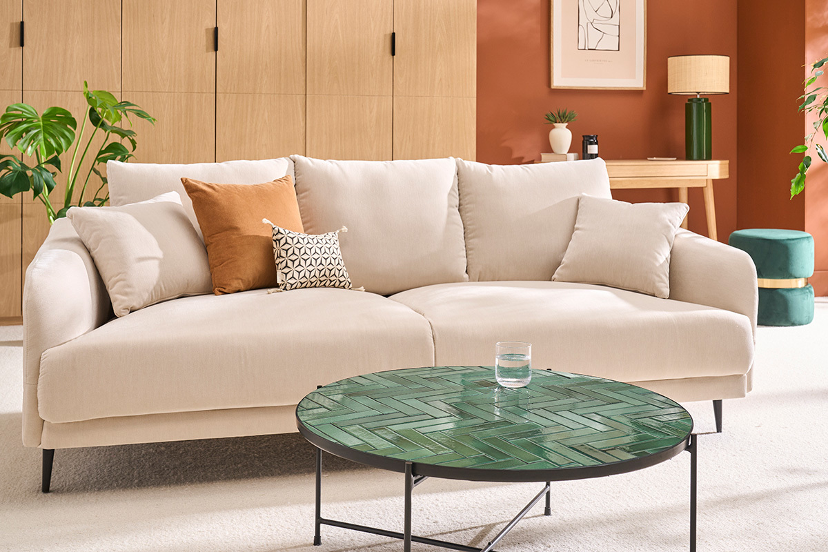 Tavolino basso rotondo in ceramica verde scuro e metallo nero D80.5 cm KOTTA