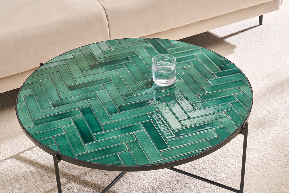 Tavolino basso rotondo in ceramica verde scuro e metallo nero D80.5 cm KOTTA