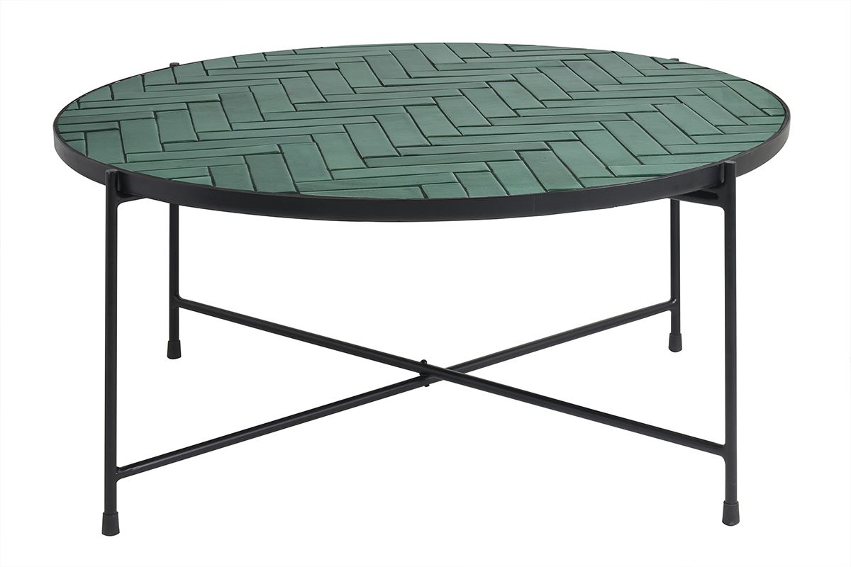 Tavolino basso rotondo in ceramica verde scuro e metallo nero D80.5 cm KOTTA