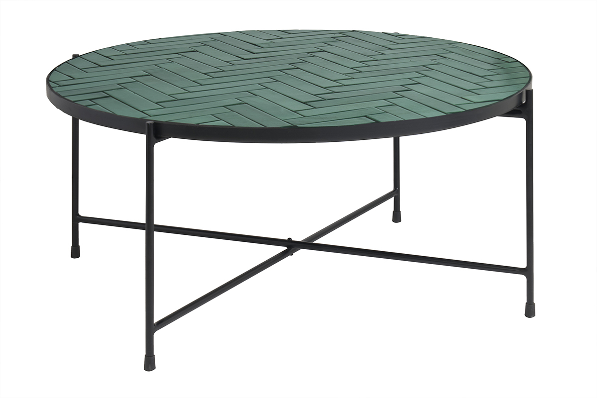 Tavolino basso rotondo in ceramica verde scuro e metallo nero D80.5 cm KOTTA