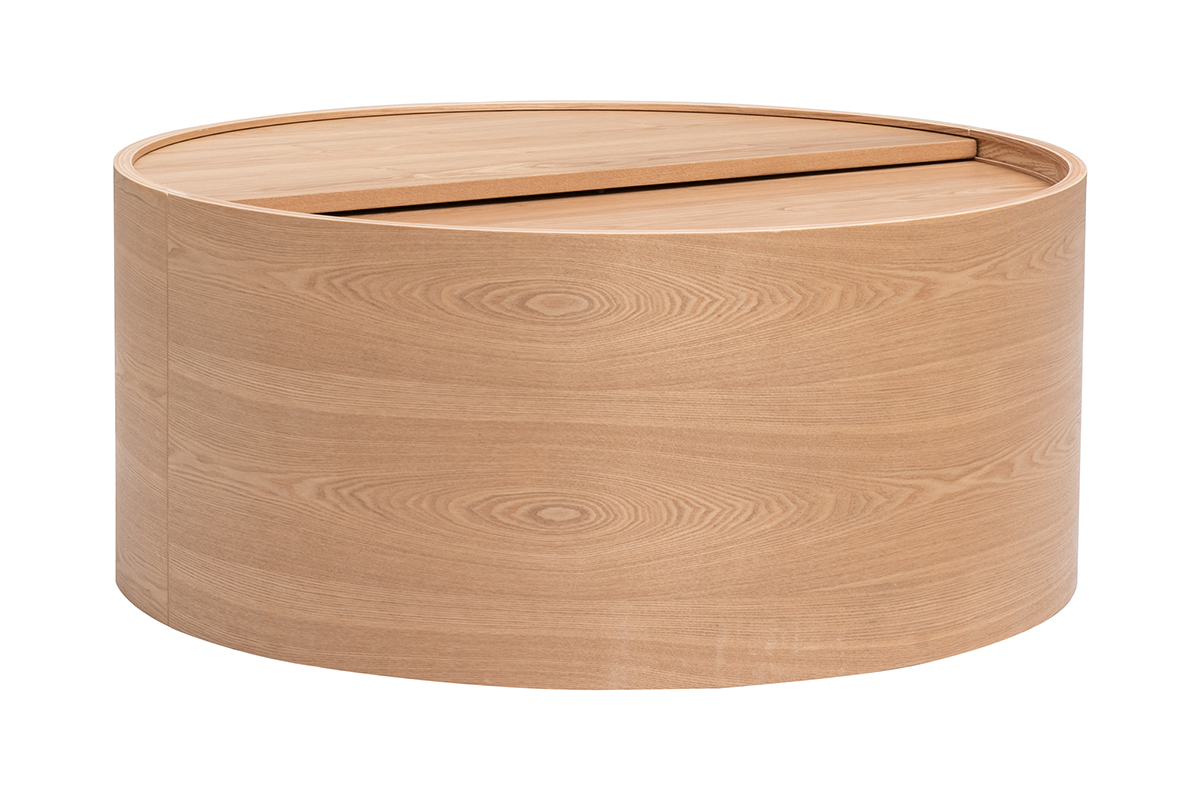 Tavolino rotondo in frassino chiaro con piano girevole e spazio di stoccaggio, vista da 3/4.