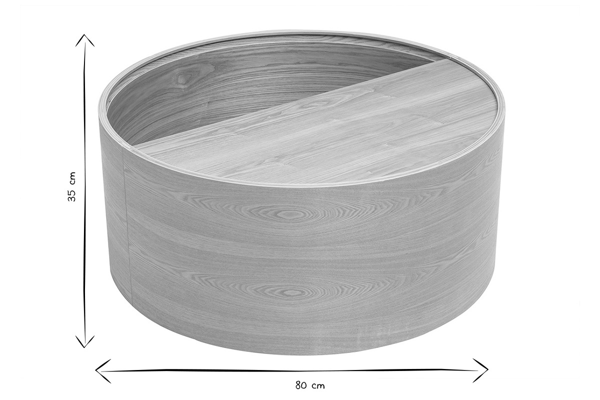 Tavolino rotondo in legno chiaro con dimensioni, 80 cm di diametro, 35 cm di altezza, vista dall'alto.