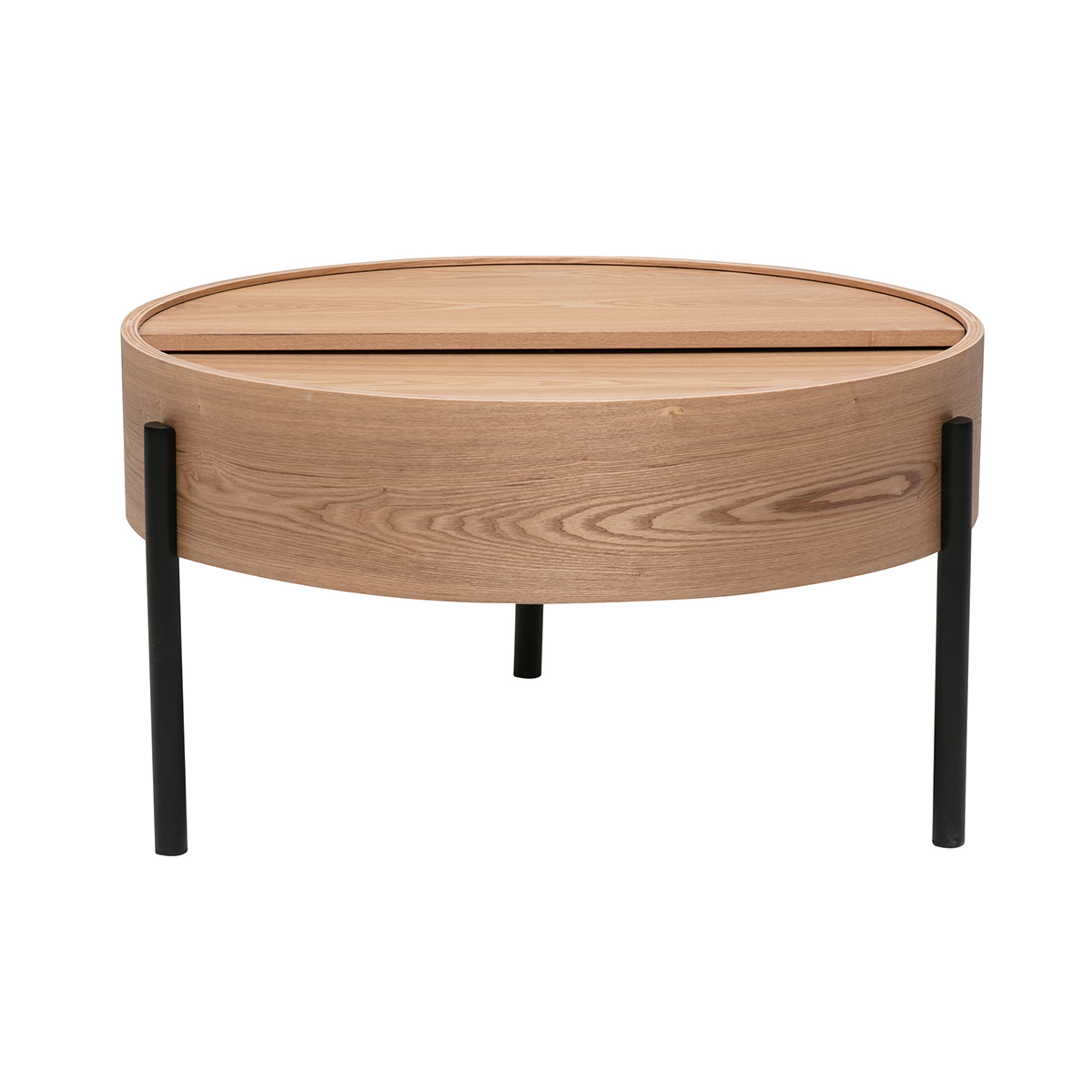Tavolino basso rotondo in legno chiaro di frassino e metallo nero con piano girevole e vano portaoggetti D80 cm YOLINE