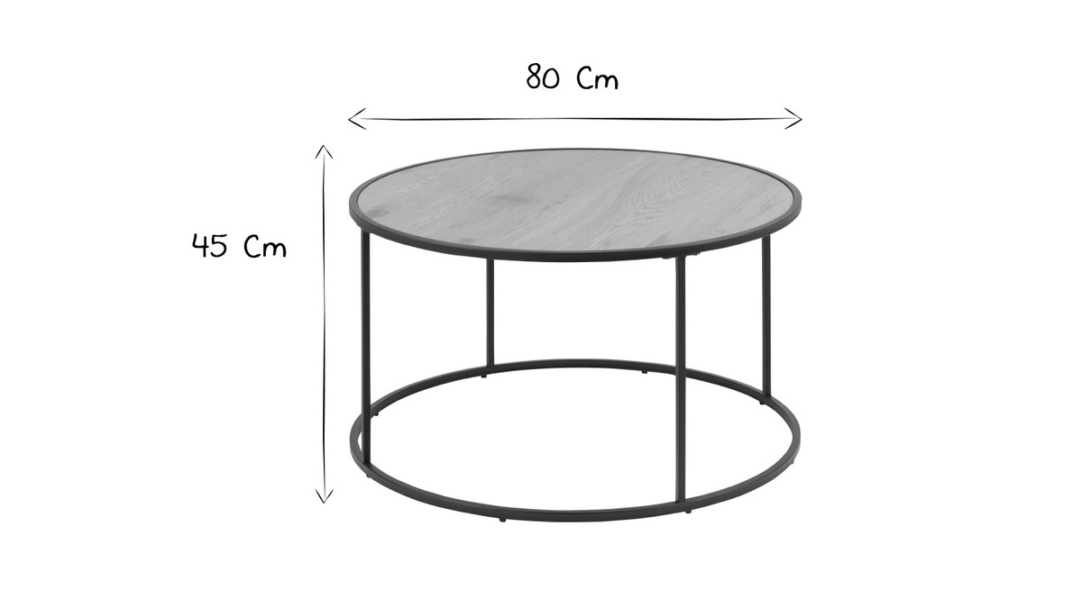 Tavolino basso rotondo in legno e metallo nero D80 cm TRESCA