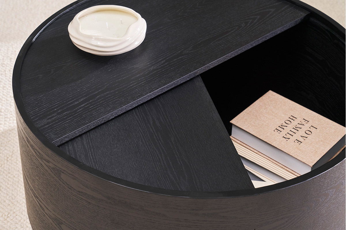 Tavolino basso rotondo in legno nero con ripiano girevole e contenitore D80 cm DALI