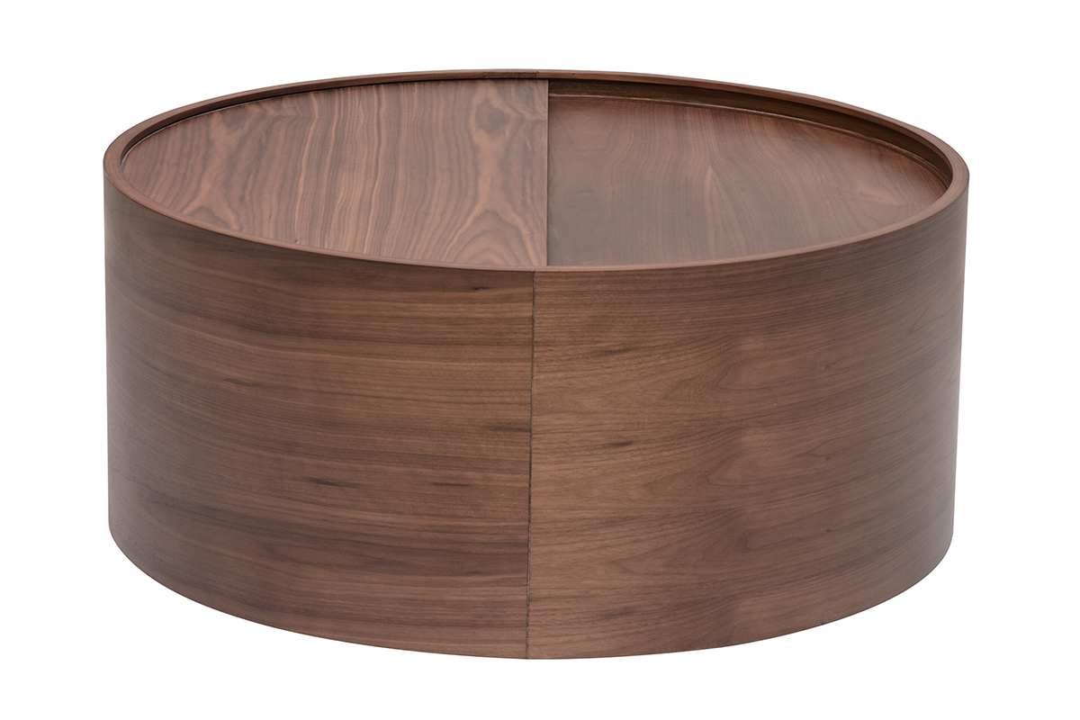 Tavolino basso rotondo in noce scuro, piano girevole, vista laterale.