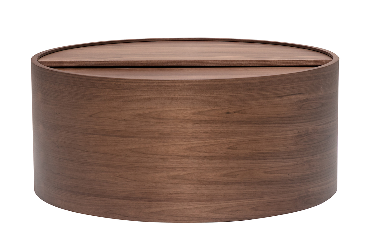 Tavolino basso rotondo in noce con piano girevole, vista frontale.