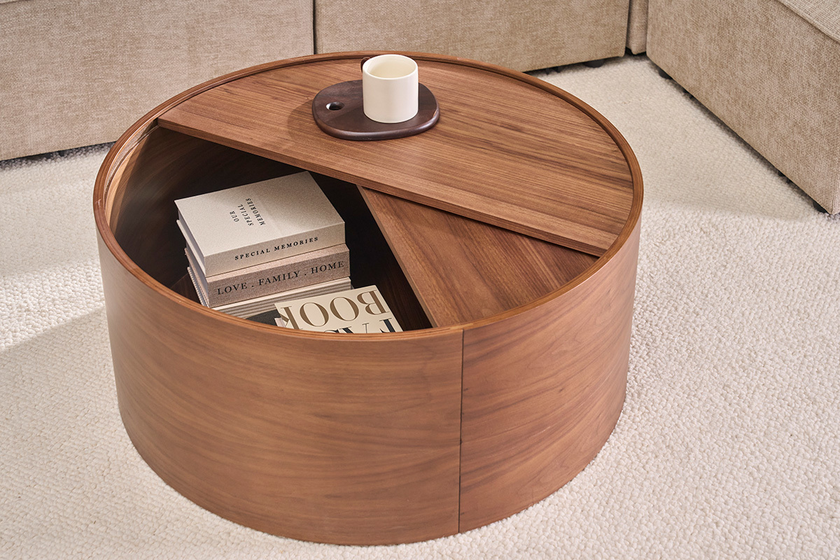 Tavolino basso rotondo in legno scuro noce con piano girevole e vano portaoggetti D80 cm DALI