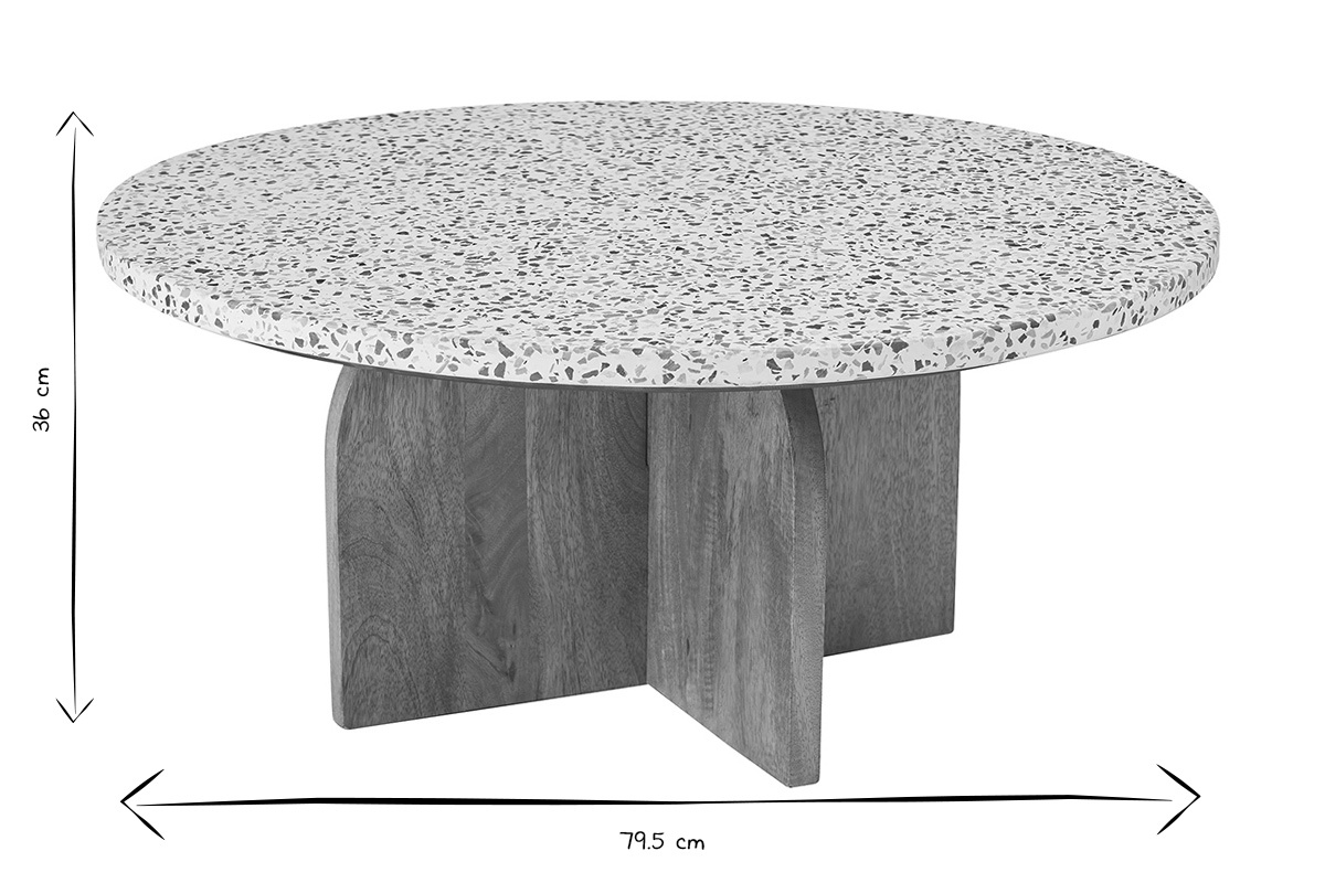Tavolino rotondo in terrazzo e legno, dimensioni: diametro 79,5 cm, altezza 36 cm, in nero e bianco.