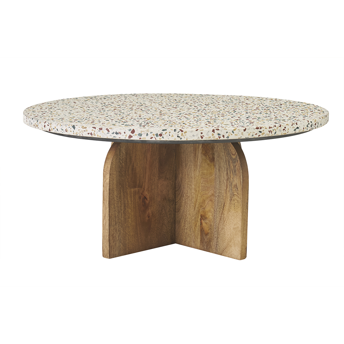 Tavolino basso rotondo in terrazzo e legno chiaro di mango massiccio D79.5 cm NESSA