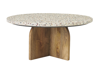 Tavolino basso rotondo in terrazzo e legno chiaro di mango massiccio D79.5 cm NESSA