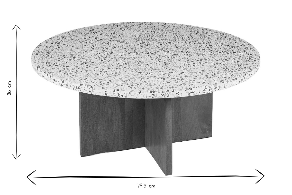 Tavolino basso rotondo in terrazzo e legno scuro, dimensioni 79.5 cm x 36 cm, vista laterale, nero e bianco.