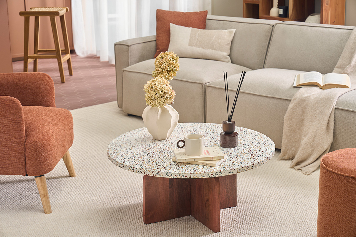 Tavolino basso rotondo in terrazzo e legno scuro di mango massiccio D79.5 cm NESSA