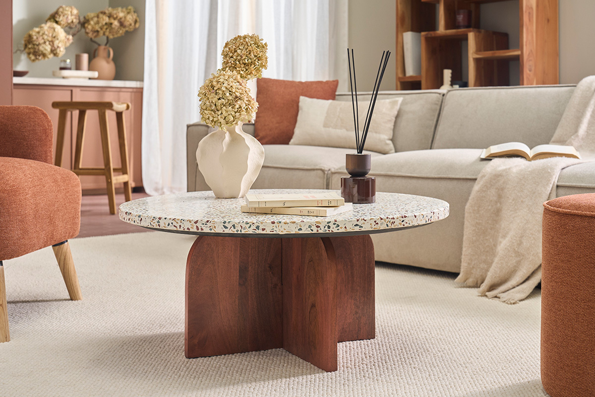 Tavolino basso rotondo in terrazzo e legno scuro di mango massiccio D79.5 cm NESSA