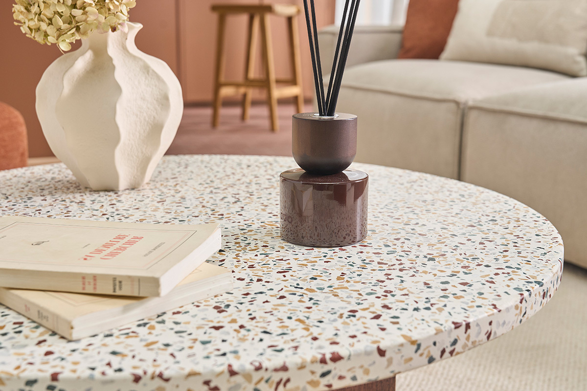 Tavolino basso rotondo in terrazzo e legno scuro di mango massiccio D79.5 cm NESSA