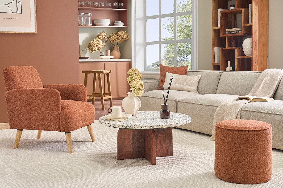 Tavolino basso rotondo in terrazzo e legno scuro di mango massiccio D79.5 cm NESSA