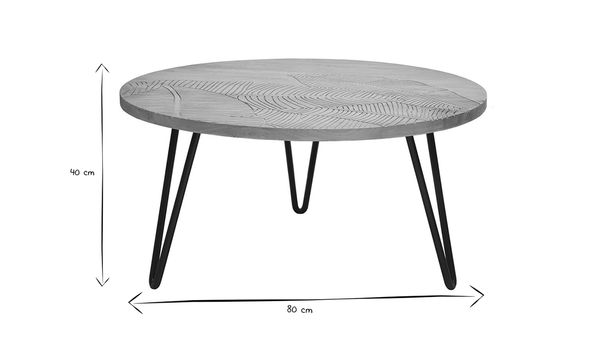 Tavolino basso rotondo inciso in mango e metallo nero VIBES