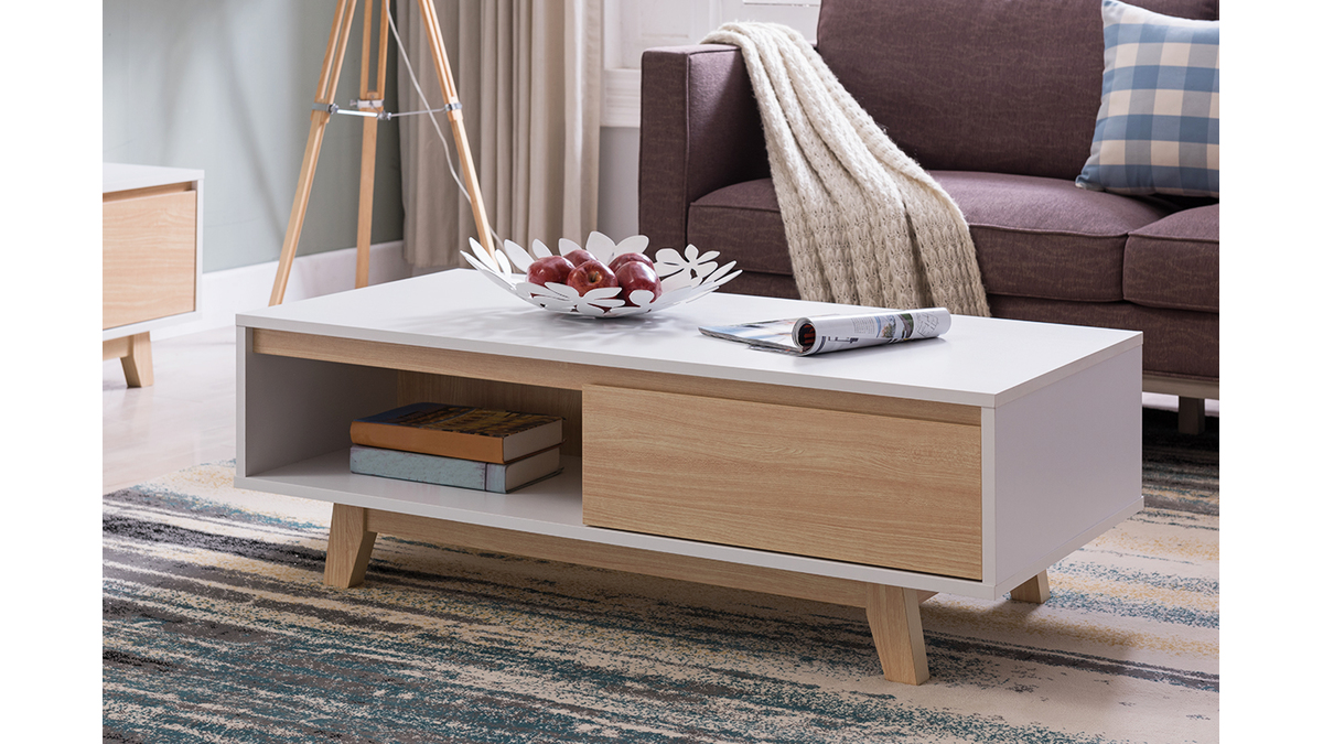 Tavolino basso scandinavo bianco brillante e legno LAHTI