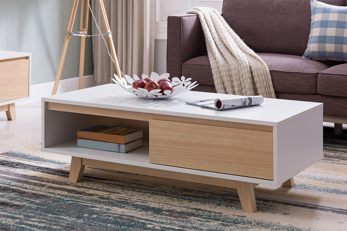 Tavolino basso scandinavo bianco brillante e legno LAHTI