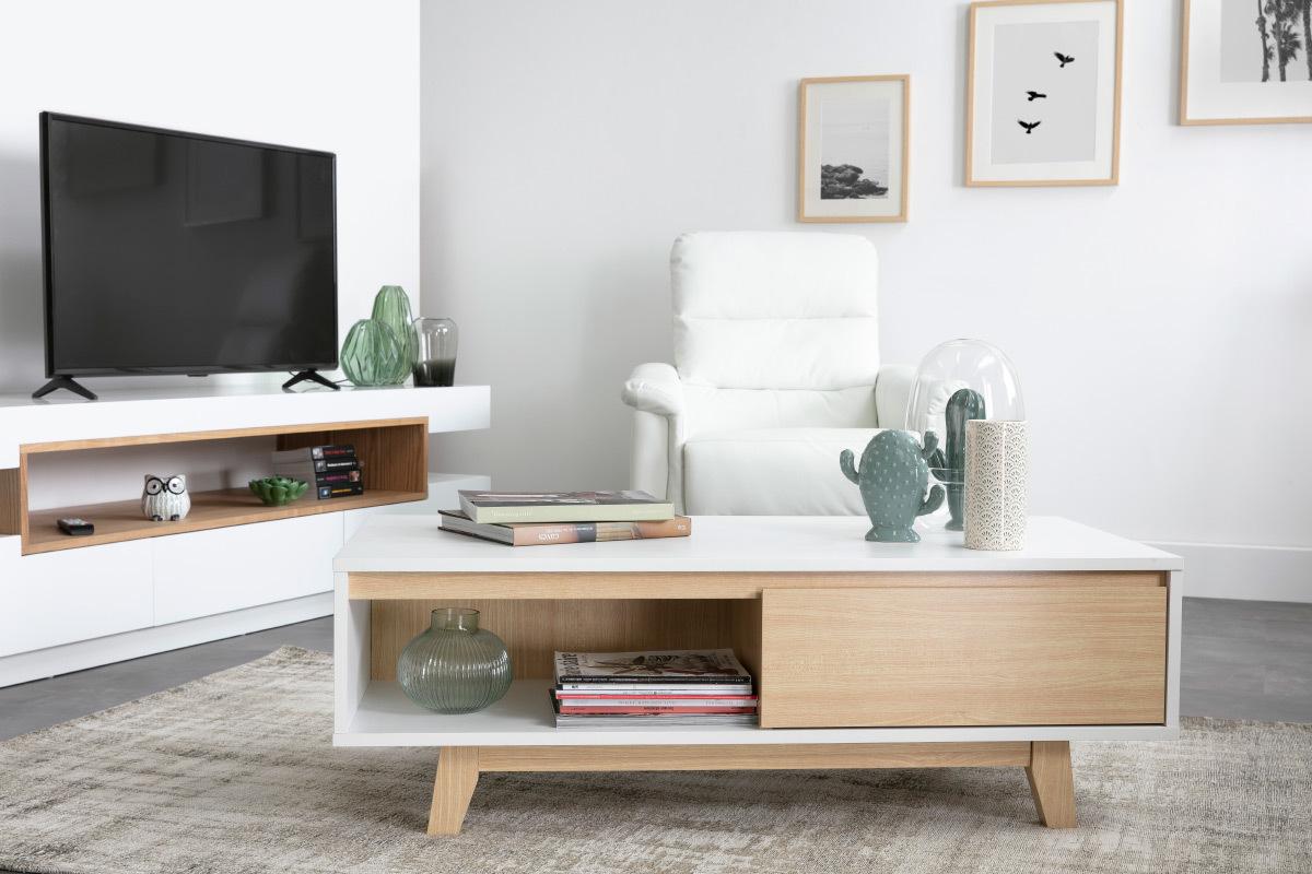 Tavolino basso scandinavo bianco brillante e legno LAHTI