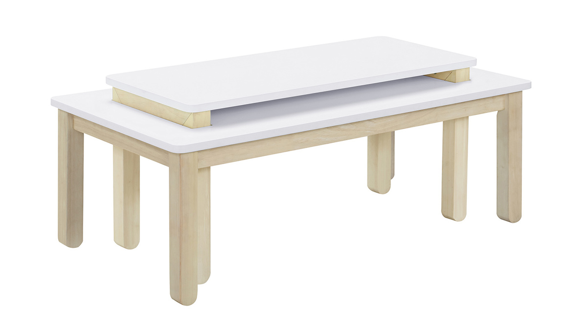 Tavolino basso scandinavo con banco integrato bianco e legno chiaro CYBEL
